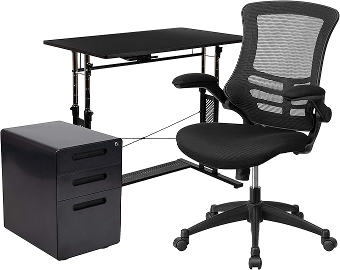 Flash Furniture Work From Home Kit - Adjustable Computer Desk, Ergonomic Mesh Office Chair and Locking Mobile Filing Cabinet with Inset Handles