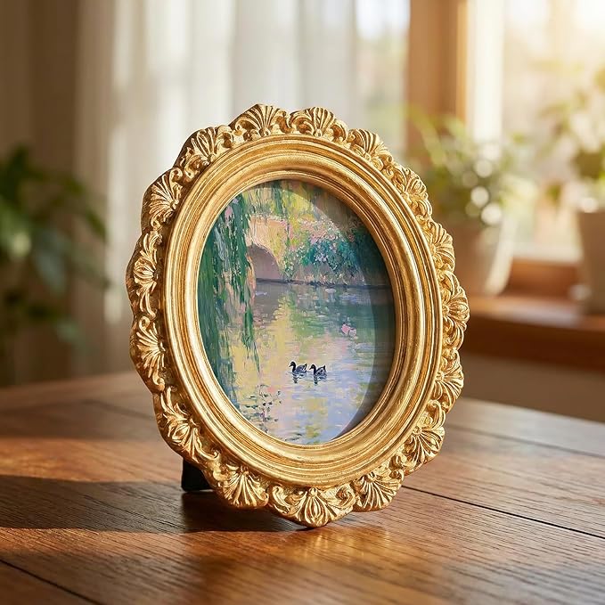 Monet Style Landscape Round Picture Frame Wall Decor,Impressionist Country Lake Duck Gold Mini Ornate Photo Frame for TableTop Desk 2.7in Photo,Vintage Framed Artwork for Walls Office Bedroom