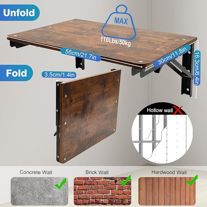 Folding Shelf Wall Mounted for Small Space, Wooden Wall Table for Living Room Bedroom Decor, Office Floating Fold Down Desk, Media Shelves with Heavy-Duty Brackets Holds Up to 80lbs, 21.7Inches