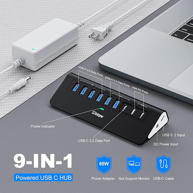 Powered USB Hub 10Gbps, intpw YH6AC 9-Port USB HUB with USB A/USB C 3.2, 4 USB 3.0, 2 PD 45W Charging Port, 65W Power Adapter + 4.92FT Cable, Aluminum USB Hub for Laptop, PC,iPhone 17/16