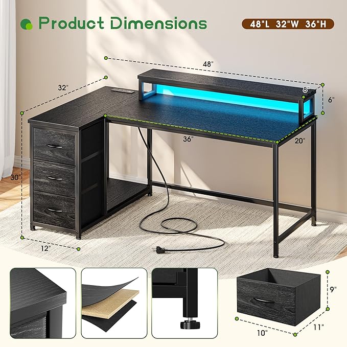 EnHomee 48Inch L Shaped Gaming Desk with LED Lights & Power Outlet, Reversible Computer Desk with Monitor Stand & 3 Drawers Corner Desk with for Gaming,Study Room,Home Office,Bedroom,Black