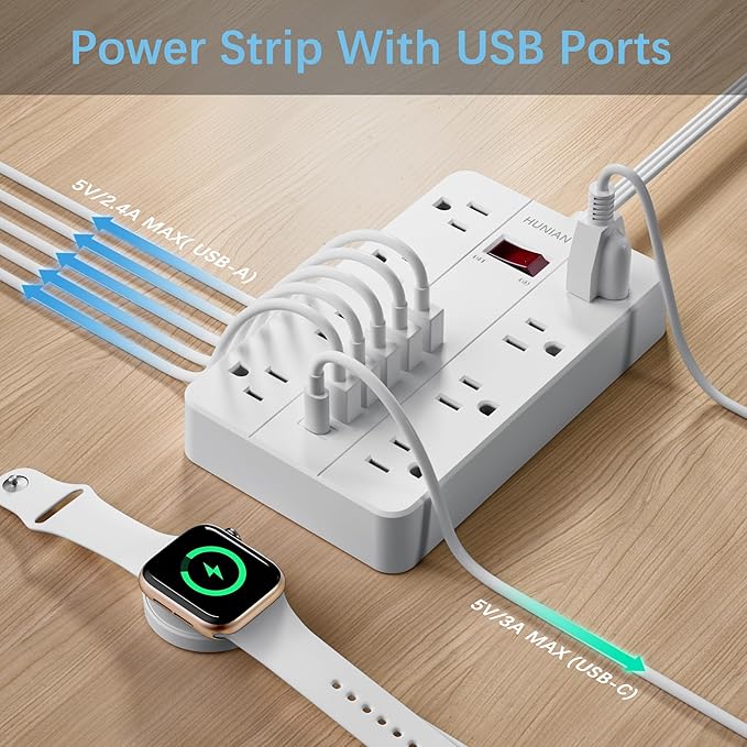10 Ft Long Extension Cord,Power Strip with Multiple Outlets HUNIAN Flat Plug with 8 Widely Spaced Outlets 6 USB(1 USB C Port), Wall Mount Charging Station for Home and Office,White