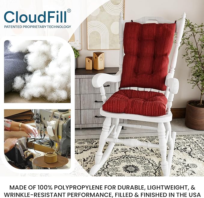 Klear Vu The Gripper Non-Slip Rocking Chair Cushion Set with Thick Padding, Includes Seat Pad & Back Pillow with Ties for Indoor Living Room Rocker, 17x17 Inches, 2 Piece Set, Garnet