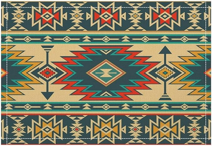 Vintage Aztec Southwest Placemats Ethnic Style Design Boho Geometric Pattern Linen Washable Table Mats Stain Heat-Resistant Desktop Decor Place Mats for Home Kitchen Dining Party 12x18 in 6 Pcs
