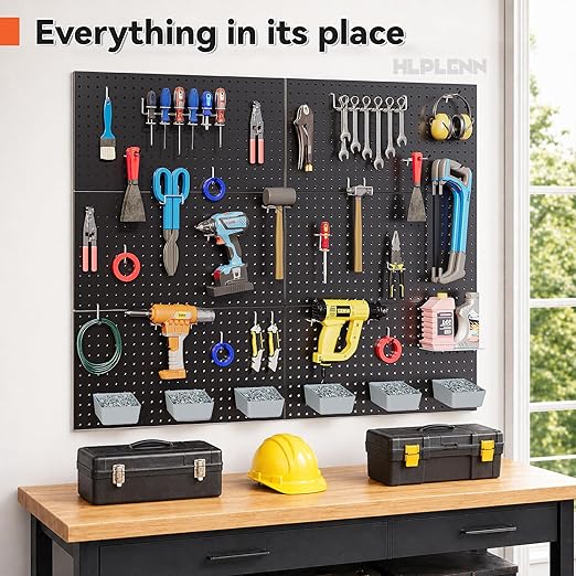 Metal Peg Board 6Pcs, 48"x36" Pegboard Wall Organizer with 140Pcs 1/4" Pegboard Hooks & Accessories, Steel Pegboard Tool Storage System for Garage Workshop Shed, Black
