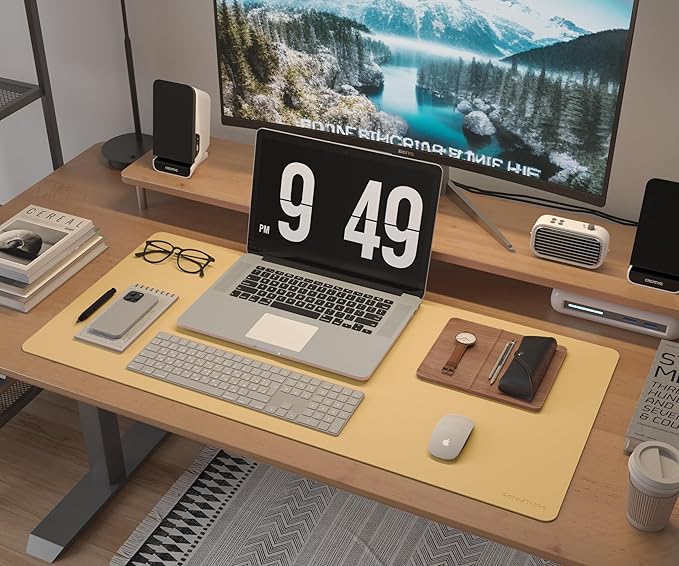 RENMTURE Desk Pad, Cork & PU Leather Desk Mat, Large Mouse pad, Non-Slip Desk Protector and Blotter, Waterproof Writing Pad, Desk Accessories and Organizers for Work (Light Yellow, 23.6" x 13.7")