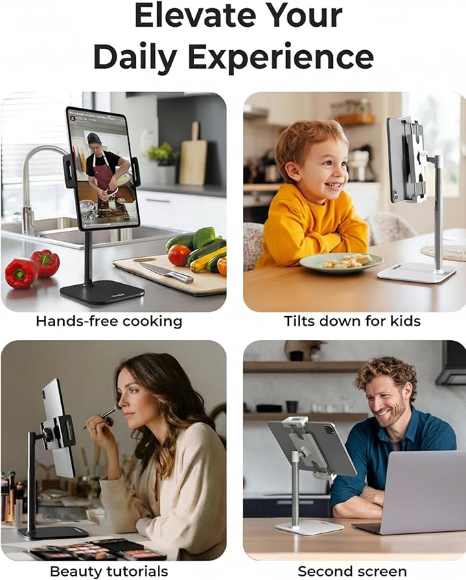 COOPER TabStand Mini, 10" Height Adjustable Tablet Stand, Ipad Stand for Desk, Portable Monitor Holder, Heavy Duty Grip, Tripod iPad Holder, Tablet Mount, for Samsung Tablets, Kindle eReaders (White)