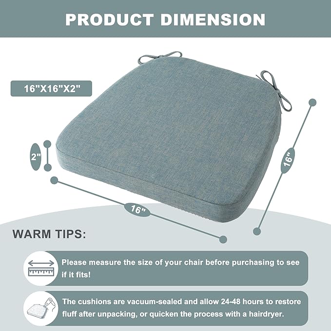 Battilo Chair Cushions for Dining Chairs, Waterproof Kitchen Chair Pads with Non-Slip Backing and Ties, Seat Cushions with Machine Washable Removable Cover, 16"x16"x2", Set of 4, Grayish Blue