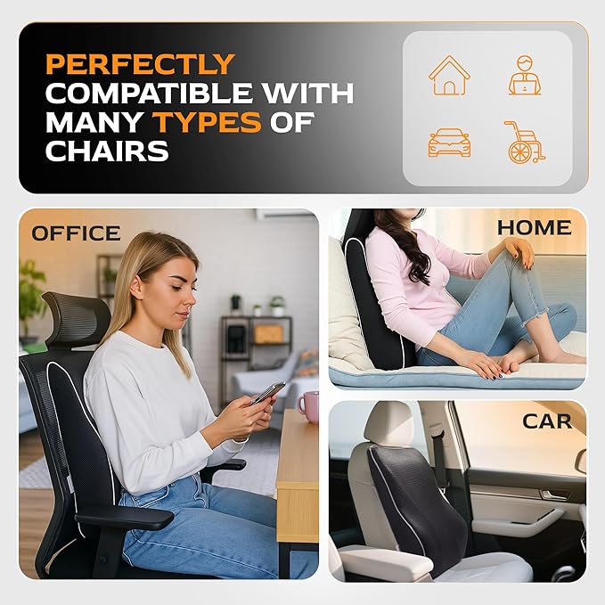 TULARIS Extra Dense Lumbar Support Pillow with Double Adjustable Straps - Ergonomic Memory Foam Cushion for Office Chair, Car, Couch - Firm Back Support for Lower Back & Spine Pain Relief