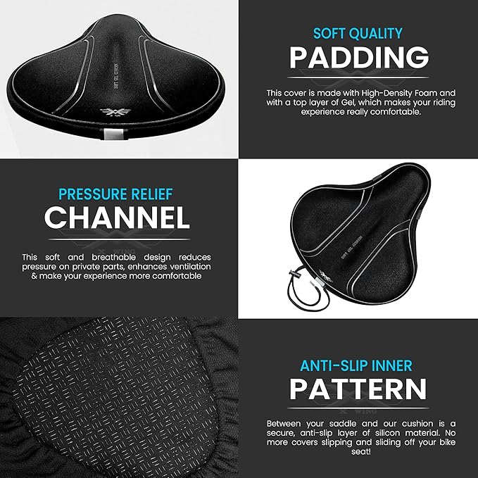 X WING Bike Seat Cover Padded with Gel, Bicycle Saddle Soft for Men Women, Comfort Exercise Cycle Seats Cushion Padded Fits Stationary Bikes, Spin, for Indoor and Outdoor Cycling