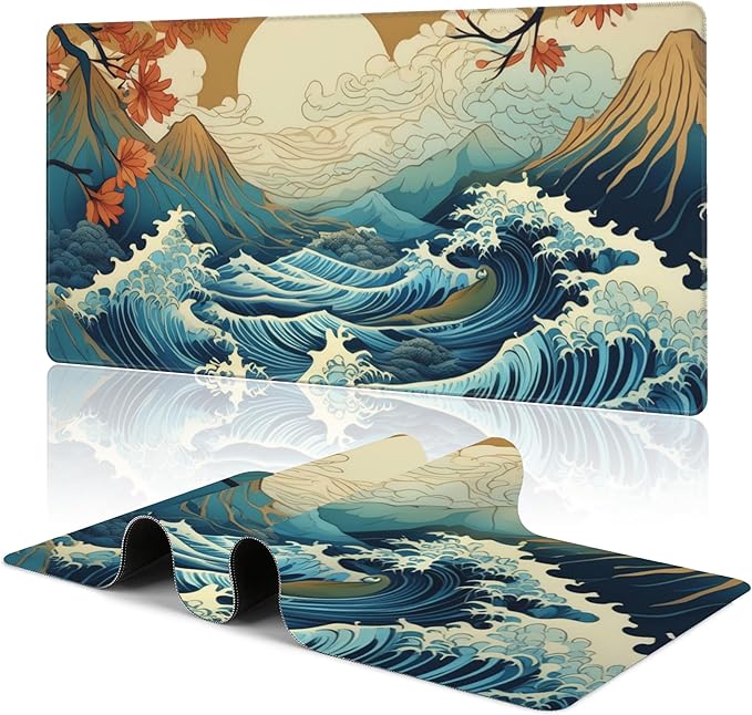 Large Gaming Mouse Pad Japanese Waves Desk Mat Mouse Pad Extended XL Mousepad, Large Non-Slip Rubber Base Mousepad with Stitched Edges, Desk Pad for Work Game Office, 31.5 x 15.8 in