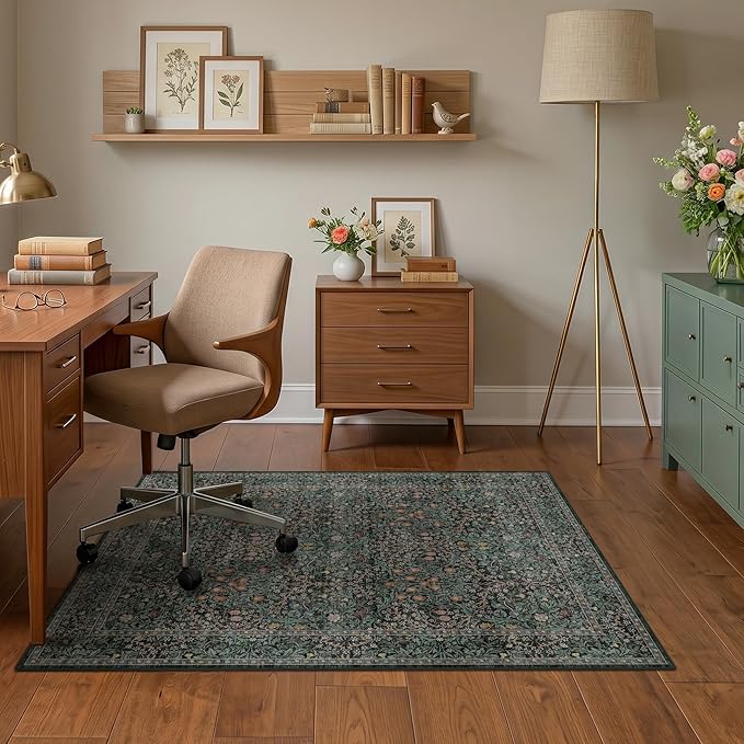 JTJ Washable Vintage Floral Office Chair Mat for Hardwood & Tile Floor, Non-Slip Ultra Soft Low Pile Under Desk Rug for Protecting Floor, Dark Green, 5' x 6'