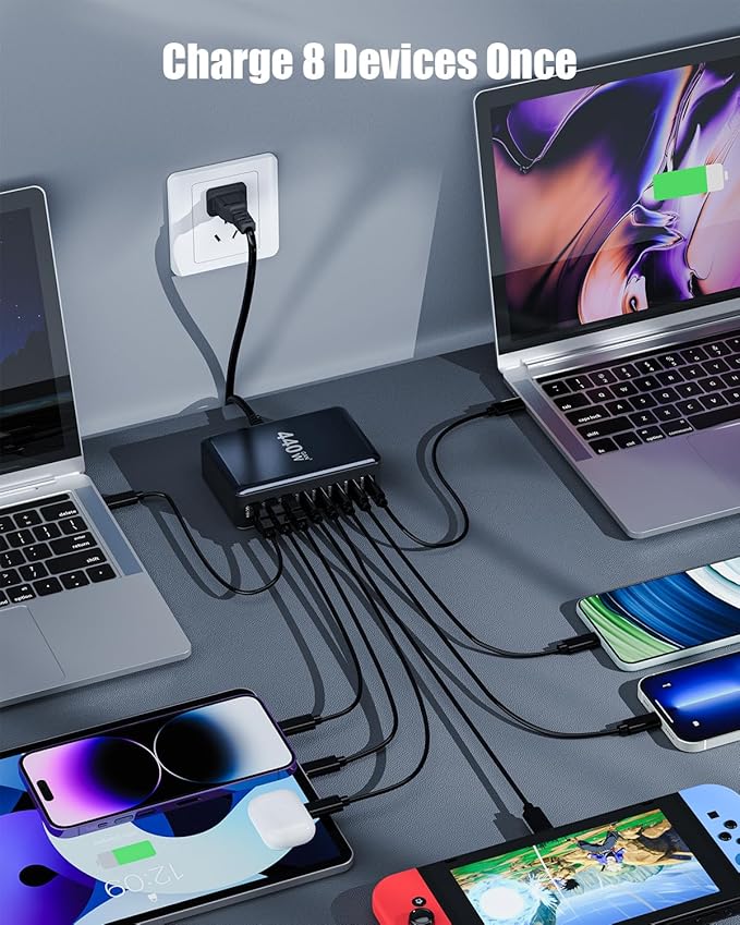USB C Charger 440W USB C Charger Block,Upgraded GaN IV 8-Port Charging Station Hub,Travel Essentials 100W Fast Charging Laptop Adapter for MacBook Pro/Air,DELL,Steam Deck,iPhone 17/16,Galaxy S25/24