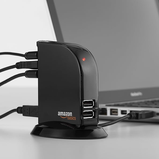 Amazon Basics 7-Port USB 2.0 Hub Tower for Laptop and PC, USB Splitter with 5V/4A Power Adapter, 2 Fast Charging Ports, Plug and Play, Black
