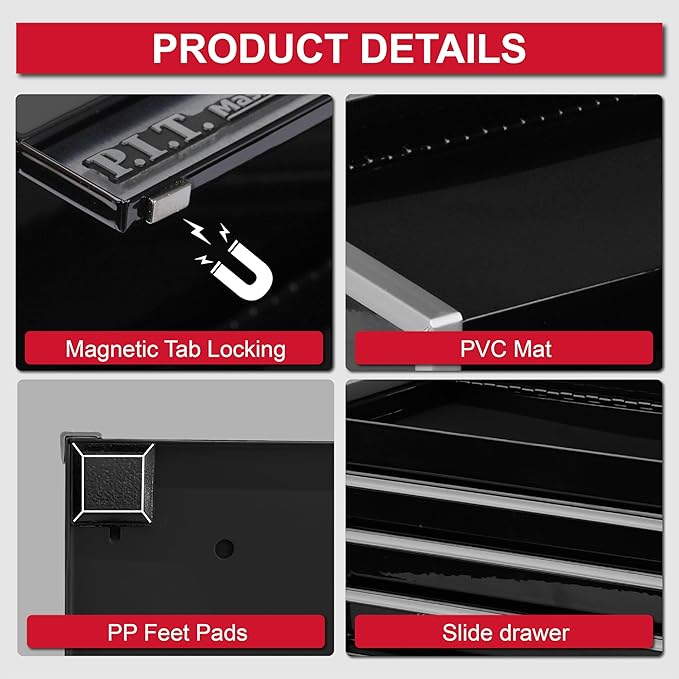 P.I.T. Mini Tool Box 8.6"W X 4.6"D, Portable 3 Drawer Steel Stackable Black Tool Box with Magnetic Tab Locking, Black Micro Top Chest with Liner for Tools Storage and Organizers, Home DIY