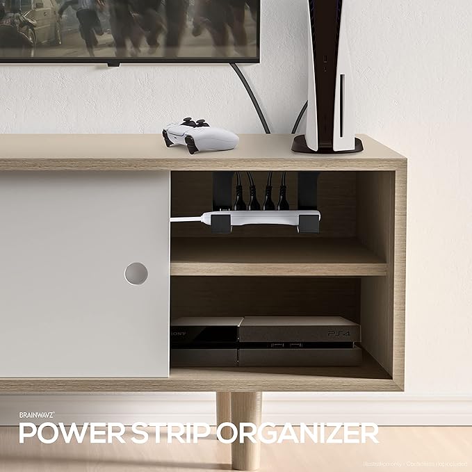 Under Desk Power Strip Mount Holder Raceway, Adhesive & Screw in, Compatible with Belkin, GE and Other Powerbars, Leads, Adapters, Cable Management Rack (Black), by Brainwavz