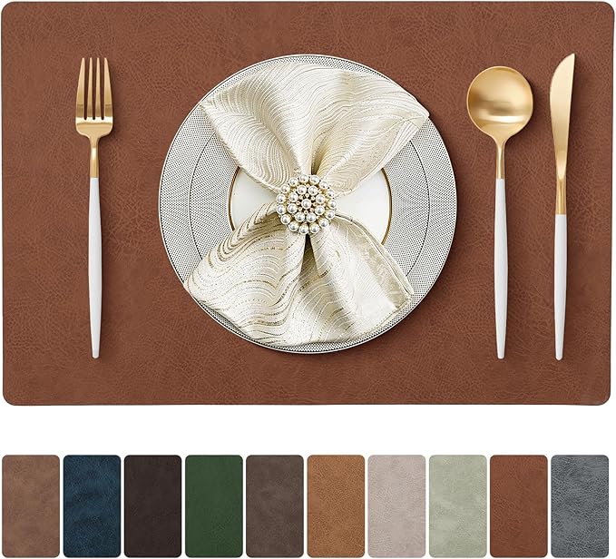 Placemats Set of 4 - Faux Leather 100% Waterproof Oil-Proof Wipeable PU Place Mats, Heat Resistant Reversible Table Mats for Kitchen, Dining, Outdoor (Reddish Brown)