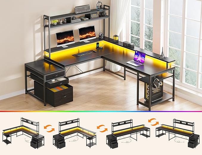 EnHomee 104'' L Shaped Gaming Desk, Reversible Two Person Corner Computer Desk with Power Outlet & LED Lights, Monitor Stand & 3 Drawers, Home Office Workstation for Living Room, Black