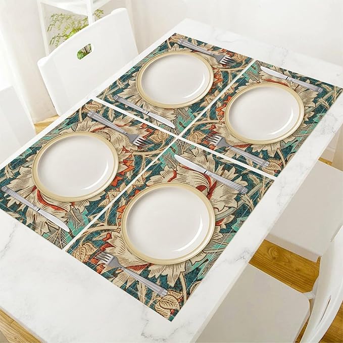 William Morris Floral Placemats Vintage Flower Art Style Boho Chic Retro Floral Linen Washable Table Mats Stain Heat-Resistant Desktop Decor Place Mats for Home Kitchen Dining Party 12x18 in 6 Pcs