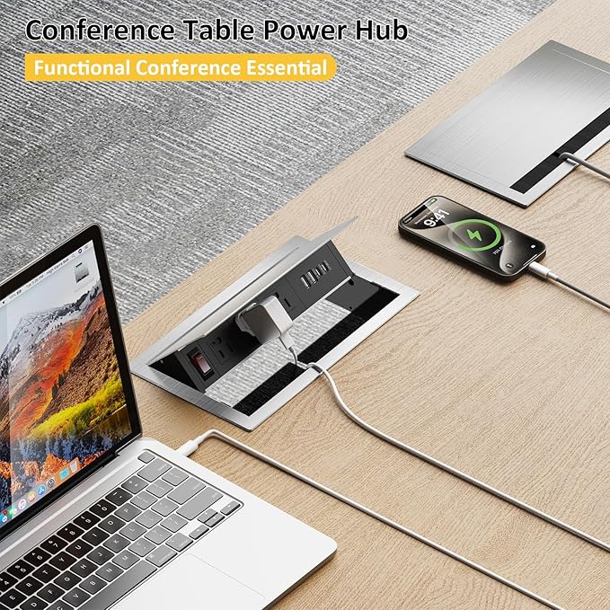 Kungfuking Recessed Power Strip with USB C PD 30W, Conference Table Power Hub Outlet Connectivity Box Rotatable with Switch and Metal Casing, 6 FT Cord