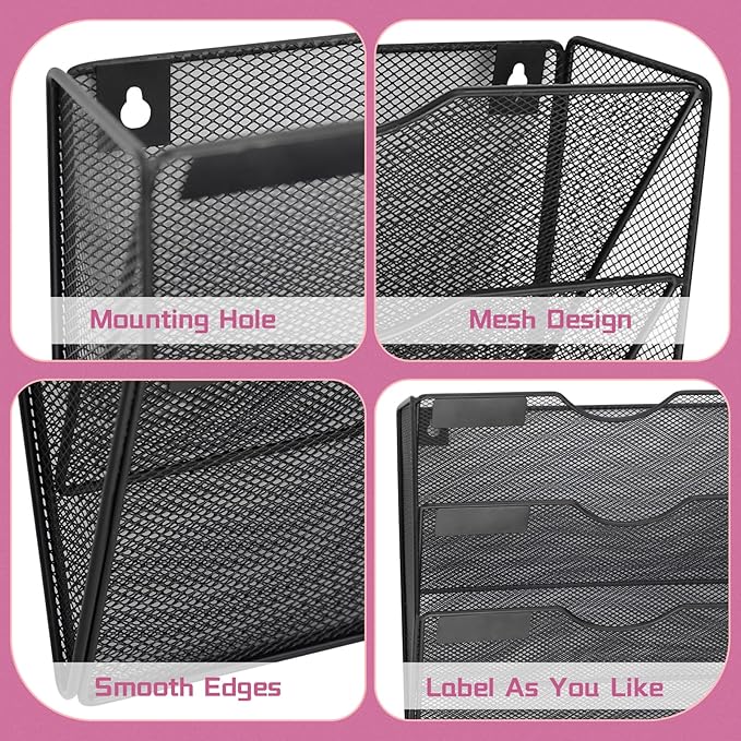 8 Pockets Mesh Wall File Holder Organizer Office Hanging File Folder Magazine Rack, Nametag Label Hooks Set Included (Black)