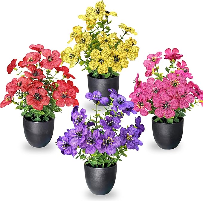 Small Artificial Flowers in Pots, Fake Plants Indoor Small, Spring Decorations for Home Office Desk Accessories, Mini Potted Flowers for Bathroom Shelf