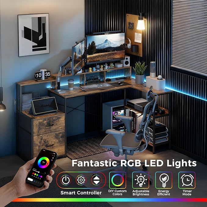 GTPLAYER 73" L Shaped Gaming Desk, Reversible Computer Desk with Power Outlets & LED Lights, Home Office Corner Desk with Storage Shelves, Monitor Stand, and Tower Space, Vintage Brown