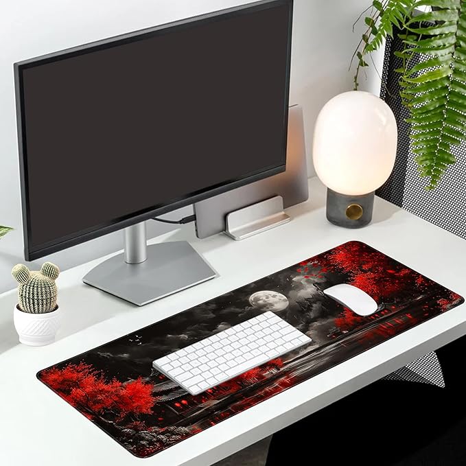 Long Gaming Mouse Pad Extended Anime Large Desk Pad with Non-Slip Base Full Keyboard Mat with Stitched Edges for Gaming and Office 31.5 x 11.8 inches (Dark Full Moon)