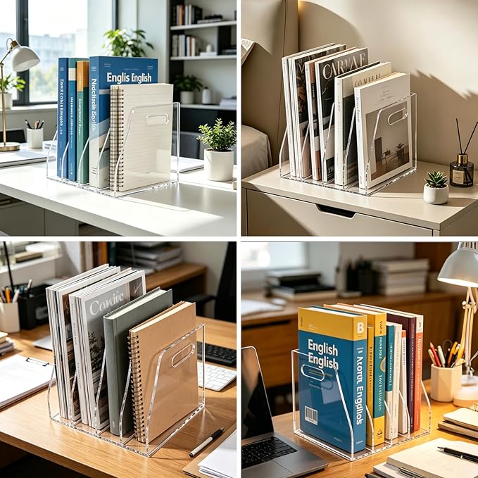 Acrylic Magazine File Holder, 4 Vertical Compartments Desk Document Sorter Organizer, Clear Bookend File Sorter Holder for Office, Documents, Tablets, Magazines, Books