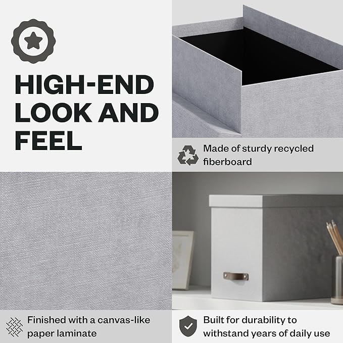 Bigso John Desktop File Box - Storage Solution and Document Organizer for Important Paperwork - Durable Hanging File Box with a Lid and Leather Handle - 7.36 in x 13.26 in x 10.51 in - Ash