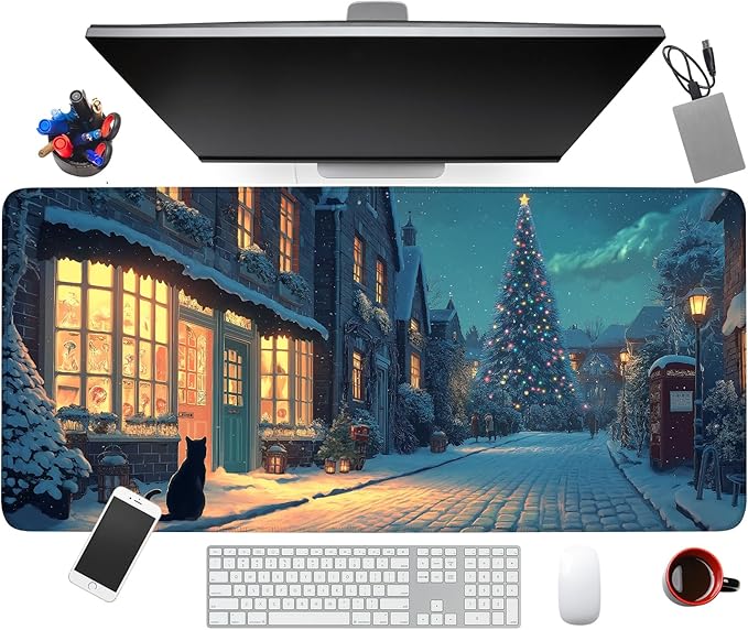 Large Extended Gaming Mouse Pad - Winter Christmas Night Scene, Soft Fabric Desk Mat with Non-Slip Rubber Base, Extra Long Mousepad for Gaming, Office, Keyboard & Mouse, 35.43 x 15.75 in