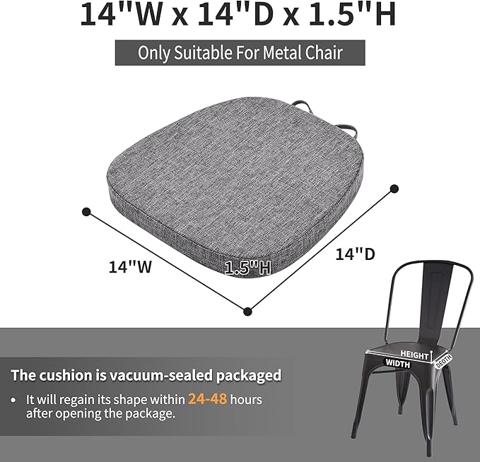 baibu 14x14 Memory Foam Metal Chair Cushions Set of 2, Dual-Layer Design Non-Slip Metal Dining Chair Pads Kitchen Seat Cushion with Machine Washable Cover, Grey