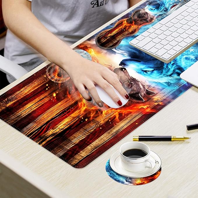 Ergonomic Mouse Pad Set with Wrist Support for Keyboard and Wrist Rest for Mouse, Memory Foam Comfort, Non-Slip Large Desk Mat for Home Office Pain Relief,Two Wolf Galaxies