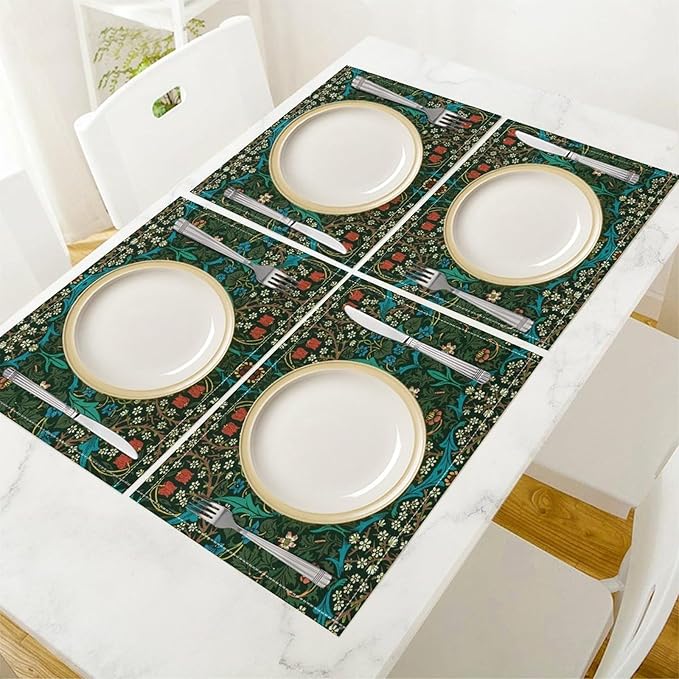 William Morris Floral Placemats Vintage Flower Art Style Boho Chic Retro Floral Linen Washable Table Mats Stain Heat-Resistant Desktop Decor Place Mats for Home Kitchen Dining Party 12x18 in 6 Pcs