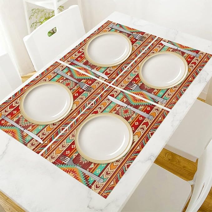 Vintage Aztec Southwest Placemats Ethnic Style Design Boho Geometric Pattern Linen Washable Table Mats Stain Heat-Resistant Desktop Decor Place Mats for Home Kitchen Dining Party 12x18 in 6 Pcs