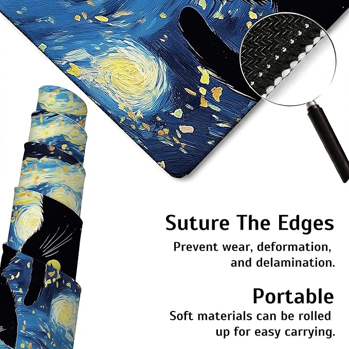 Large Gaming Mouse Pad Blue Starry Night Black Cat Desk Mat,Non-Slip Rubber Base Stitched Edges,Extended Mousepad for PC,Laptop,Office,Home Decor(31.5 x 11.8 Inch)