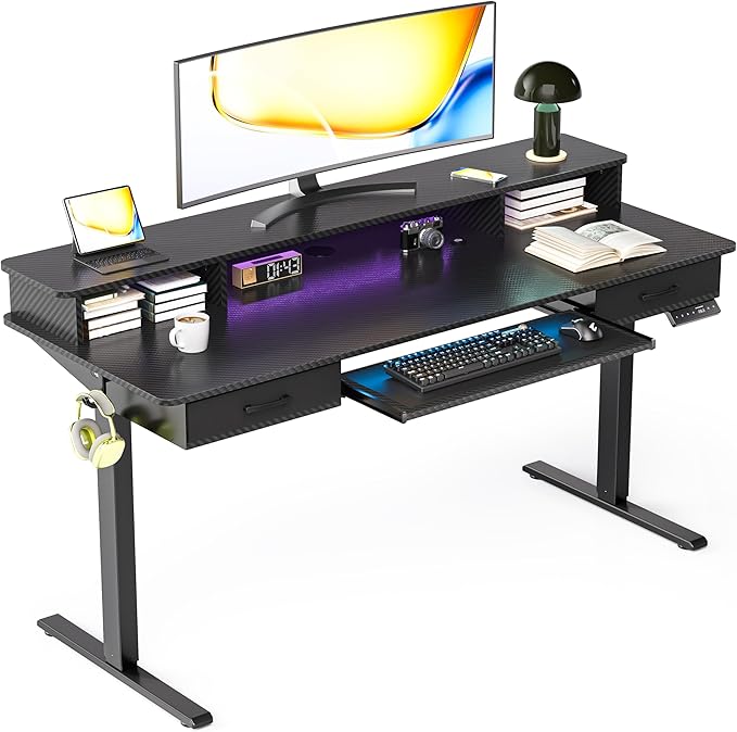 Electric Standing Desk with Keyboard Tray, 63x24 Inches Height Adjustable Stand up Desk with 2 Drawers, Ergonomic Sit to Stand Table with Storage Monitor Stand, Black