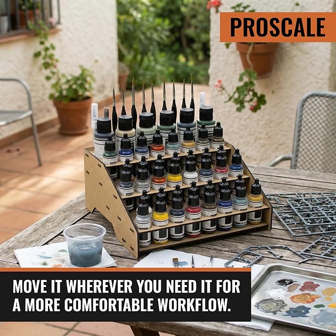 PROSCALE Paint Rack Organizer for Miniature & Model Paints Tabletop Paint Stand with 26mm & 36mm Holes Brush & Tool Holder Artist Room Compatible with Vallejo, Army Painter, AK (Module A)