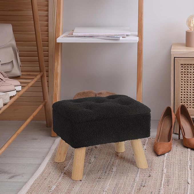 OGEMXU Storage Ottoman, Small Foot Stool Ottoman with Storage, Boucle Teddy Velvet Foot Rest with Padded Seat, Sturdy Wood Legs Stool for Living Room, Bedroom, Couch, Enterway (Black)