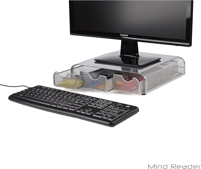 Mind Reader Perch Monitor Stand Desk Organizer, Silver Metal Mesh