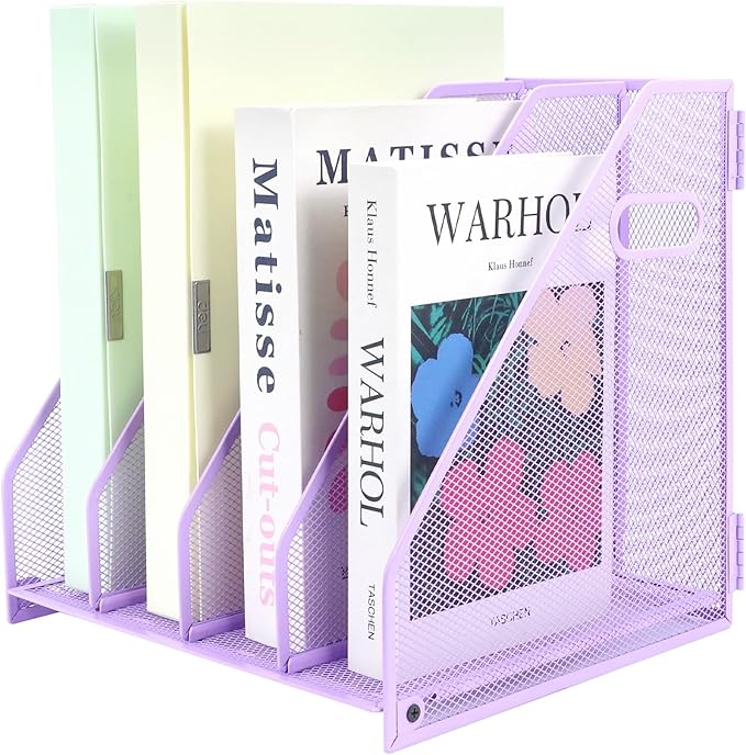 Desk Organizers Metal Magazine File Holder Racks Desktop Folder Storage Binder Organiser Document Organization for Home Office & Classroom,4 Vertical Compartments-Purple