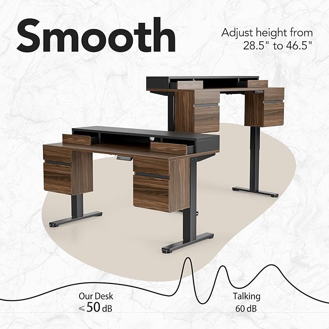 HUANUO Electric Standing Desk with 6 Drawers, 55 Inch Height Adjustable Stand Up Desk with Storage, Computer Workstation Compatible with Monitor Stand for Home Office, Black Walnut