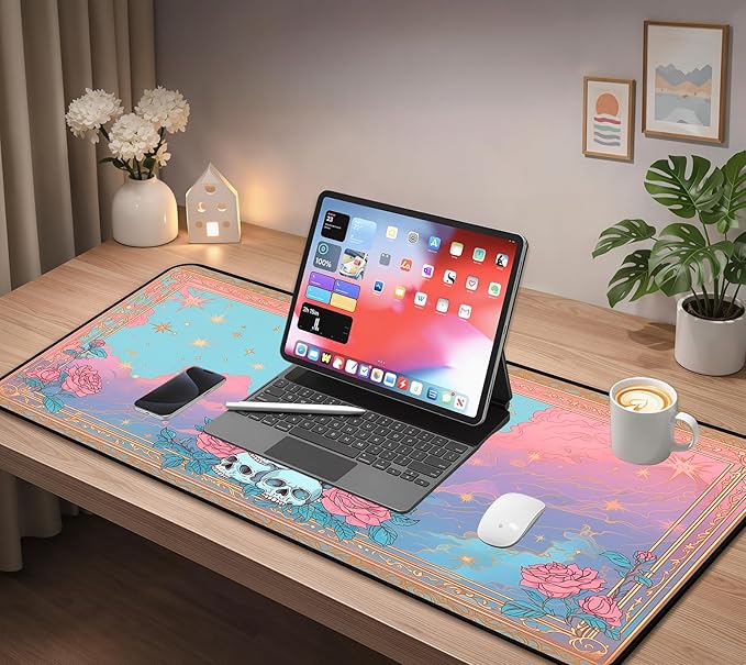 Pink Gothic Desk Mat, Soft Rose Flower Gaming Mouse Pad, Dreamy Colorful Starry Sky Desk Pad Mouse Mats, Funny Desk Protector Mat, Cute Office Desk Decor Accessories for Female Girls 31.5"X15.7"