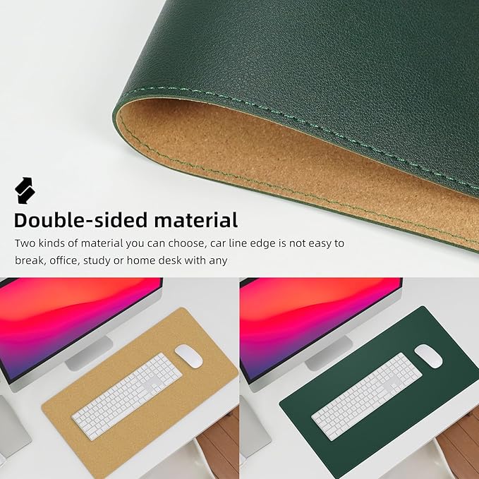 AFIING Cork Desk Mat 23.6 x 13.7, Dual-Sided Cork & PU Leather Desk Pad, Waterproof Non-Slip Desk Protector for Home Office, Study Desk & Minimalist Workspace Dark Green