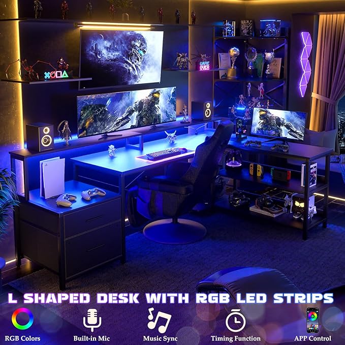 Aheaplus L Shaped Desk with Power Outlet, Reversible L Shaped Computer Desk with File Drawer & Monitor Stand, Gaming Desks with LED Strip, Home Office Desks with Storage Shelf,1Black