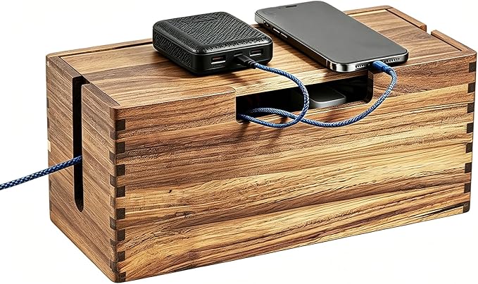 Acacia Wood Cable Management Box - Cord Hider Box for Power Strip, Cable Hider for Desk & Floor TV Wires, Decorative Wire Storage Box for Office, Home Under Desk Cable Storage Box