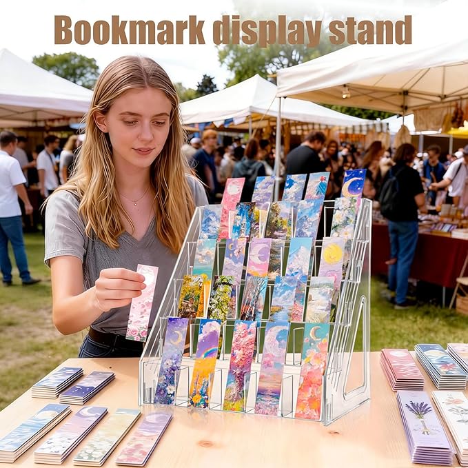 Acrylic Bookmark Display Stand with Divided Pockets, Portable Sticker Holder Tiered Display Stand, Clear Desk Organizer for Home, Retail or Craft Fair Use(25 Pockets, 5 Tier)