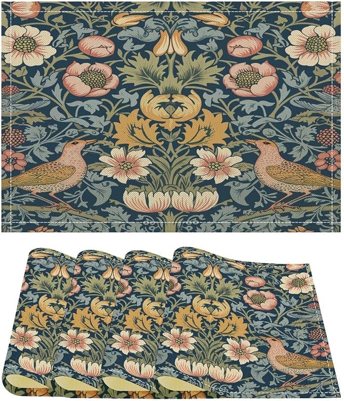 William Morris Bird Placemats Retro Bird Elegant Animal Pattern Linen Washable Table Mats Stain Heat-Resistant Desktop Decor Place Mats for Home Kitchen Dining Party 12x18 in 6 PCS