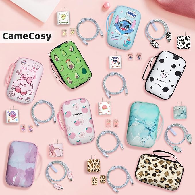 CameCosy DIY Phone Charger Cover Storage Sets USB Earphone Wire Saver Cable Organizer with Travel Storage Bag, Soft Cute Cable Protector Cord Organizer Compatible for iPhone(Pink Marble)