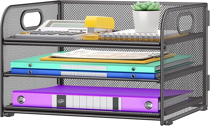 Cawukege 3 Tier Paper Organizer with Handle, Metal Desk Organizer Mesh Paper Letter Tray Desktop File Folder Document Sorter for Classroom, School, Office Accessories Storage (1, Grey)